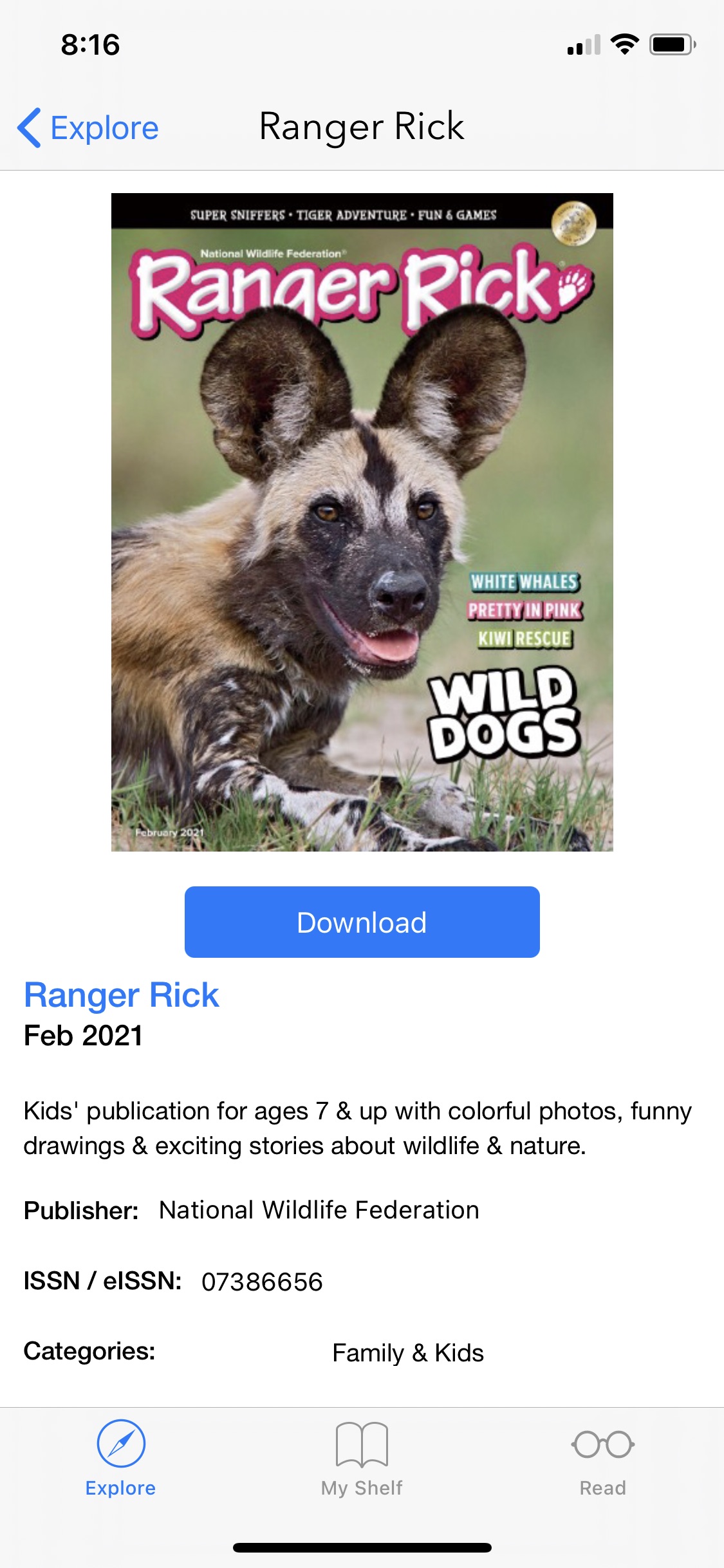 screenshot of Ranger Rick magazine on the Flipster app