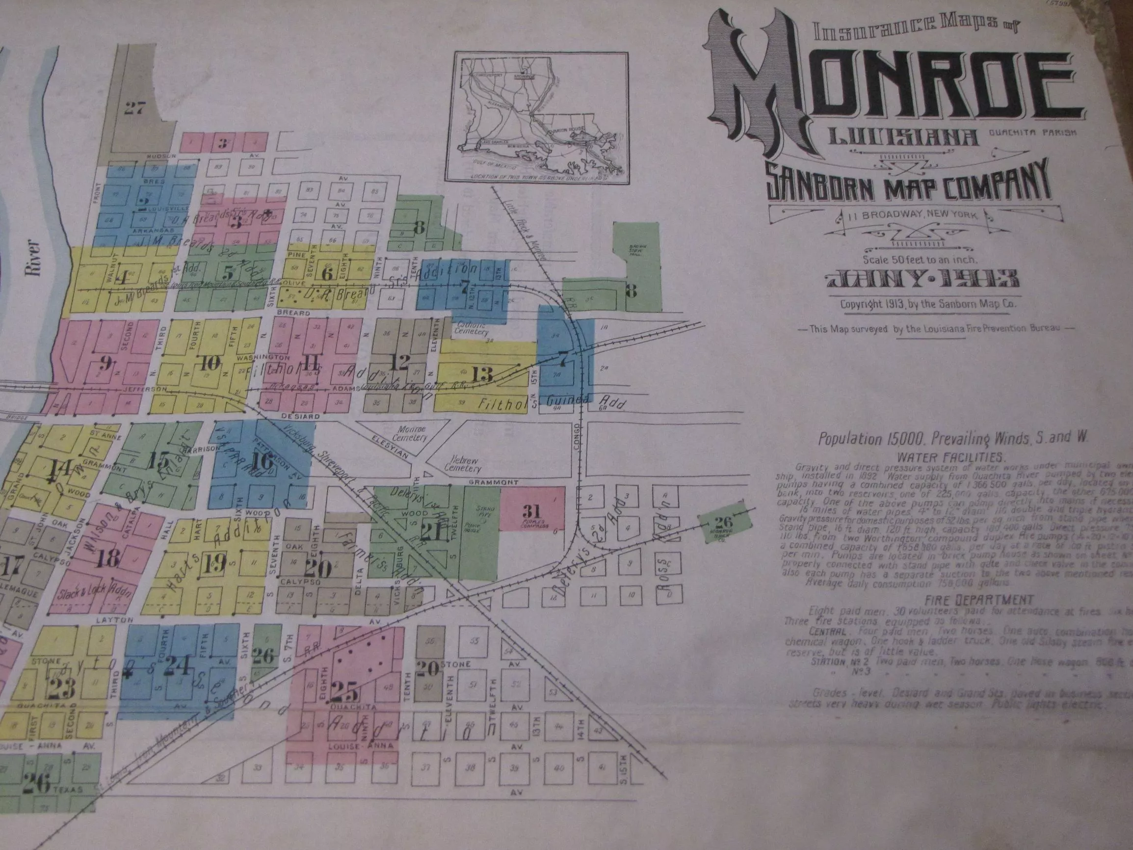 An image of a Sanborn map featuring 1913 survey of Monroe for insurance purposes.