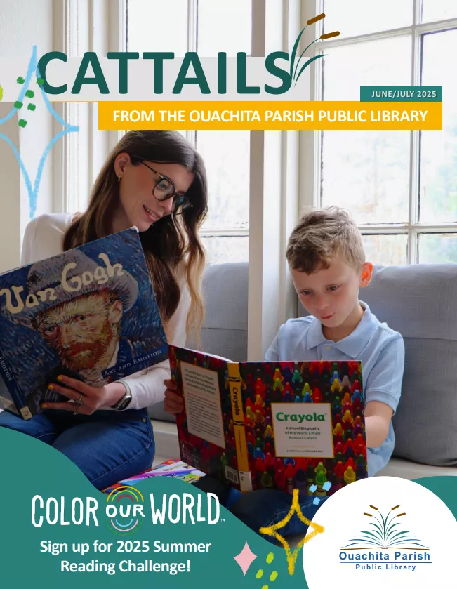 Mother and young son reading art-themed books together.